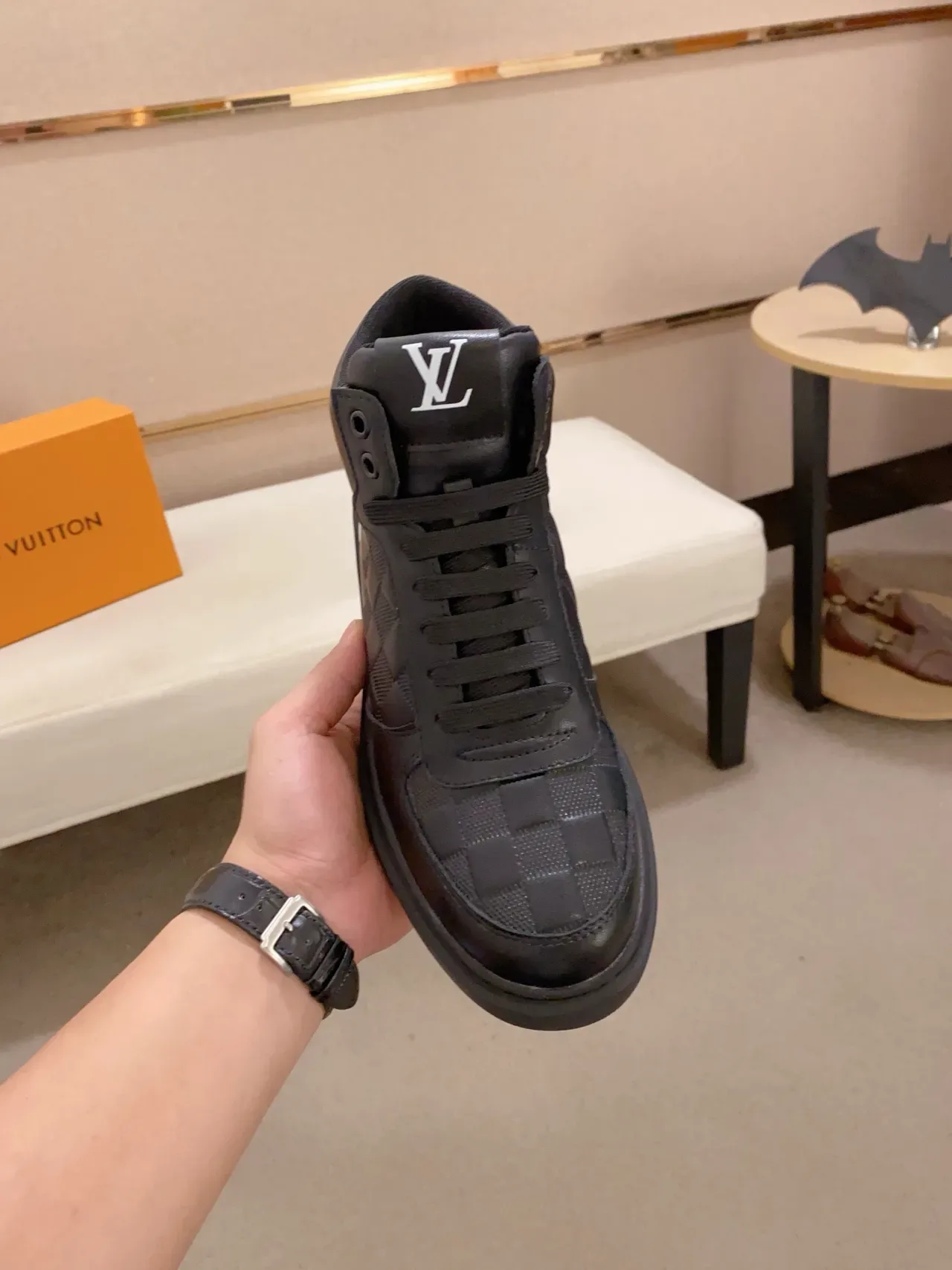 Louis Vuitton Black White High-Top Woven Leather Lifestyle Sneakers 5