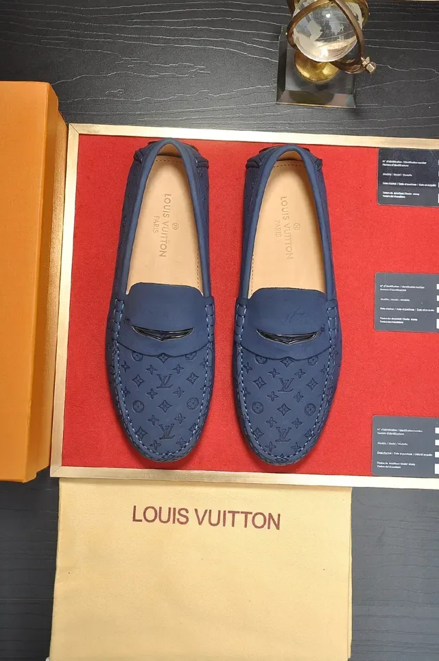 Louis Vuitton Blue Beige Monogrammed Leather Penny Strap Loafer 5