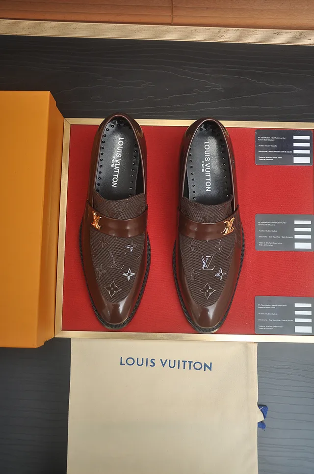 Louis Vuitton بني أسود جلد لامع نسيج مطبوع فامب لوفر 5