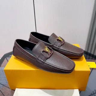 Louis Vuitton Brown Gold Pebbled Leather Metal LV Buckle Loafer