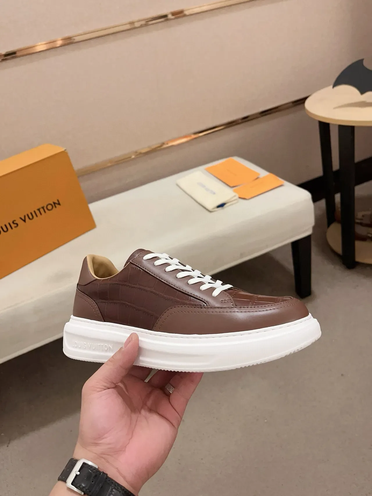Louis Vuitton Brown White Croc-Embossed Leather Platform Sole Lifestyle Sneakers 4