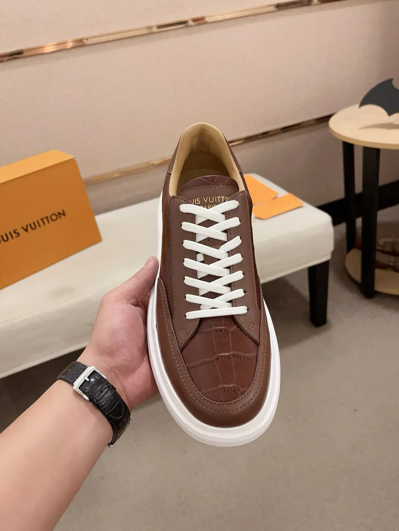 Louis Vuitton Brown White Croc-Embossed Leather Platform Sole Lifestyle Sneakers 5