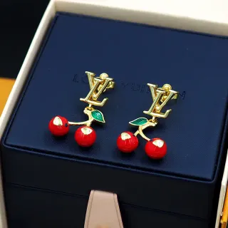 Louis Vuitton أقراط كرز أحمر أخضر ذهبي مونوغرام مينا كرز