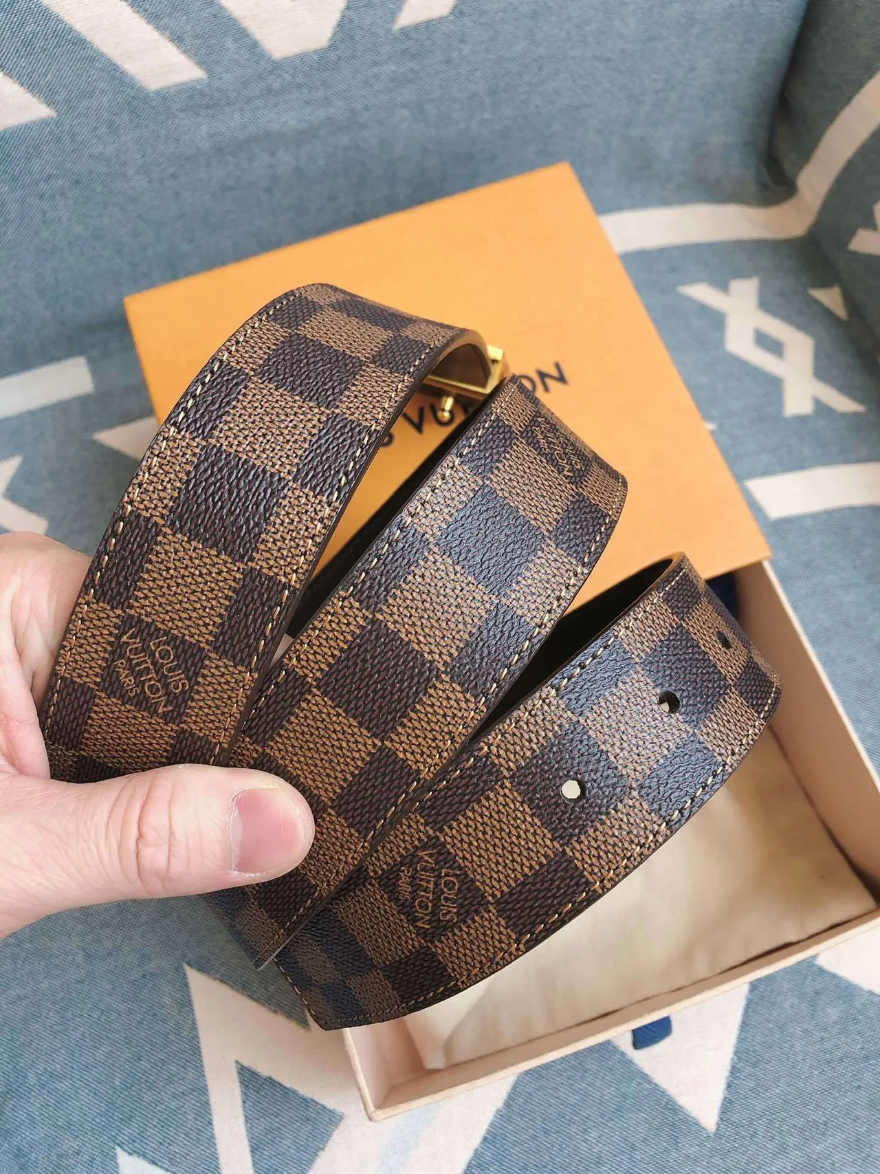 Louis Vuitton Damier Canvas Belt Blue Beige Gold Leather Belt 3