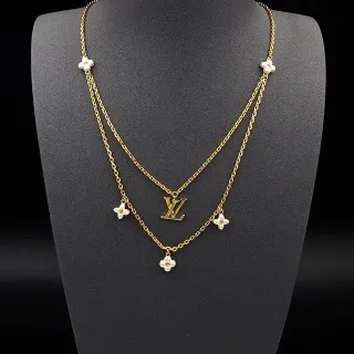 Louis Vuitton ফ্লোরাল পেন্ডেন্ট নেকলেস সোনালি সাদা ডাবল-লেয়ার চেইন LV মোনোগ্রাম নেকলেস