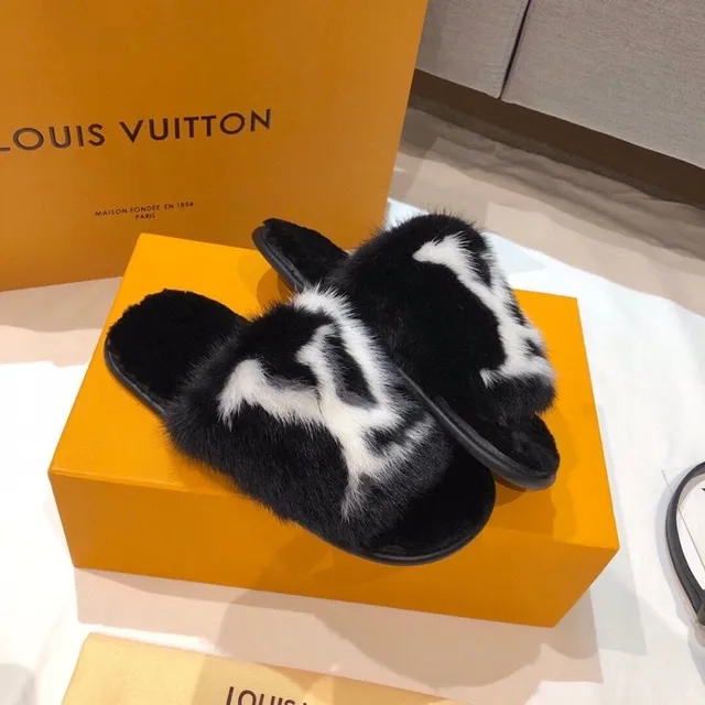 Louis Vuitton Fur Slides Black and White Monogram Slippers 6