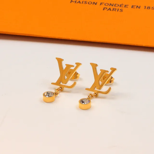 Louis Vuitton Gold Silver LV Monogram Logo Drop Dangle Earrings 3