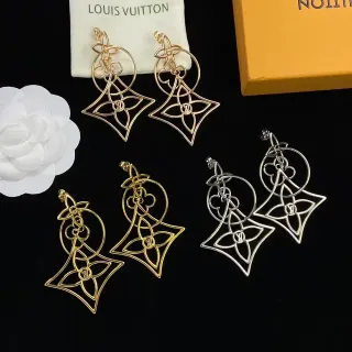 Louis Vuitton أقراط ذهبية فضية مفتوحة هندسية زهرية مستوحاة من المونوغرام