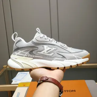Louis Vuitton Gray Beige Layered Mesh And Suede Upper Oversized Monogram Panel Chunky Sneakers