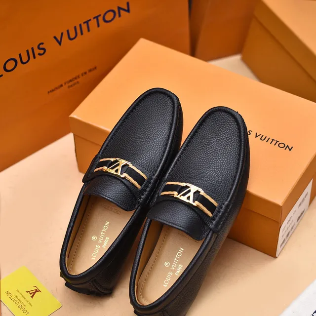 Louis Vuitton Loafer Black Gold Pebbled Leather LV Monogram Buckle Loafer 4
