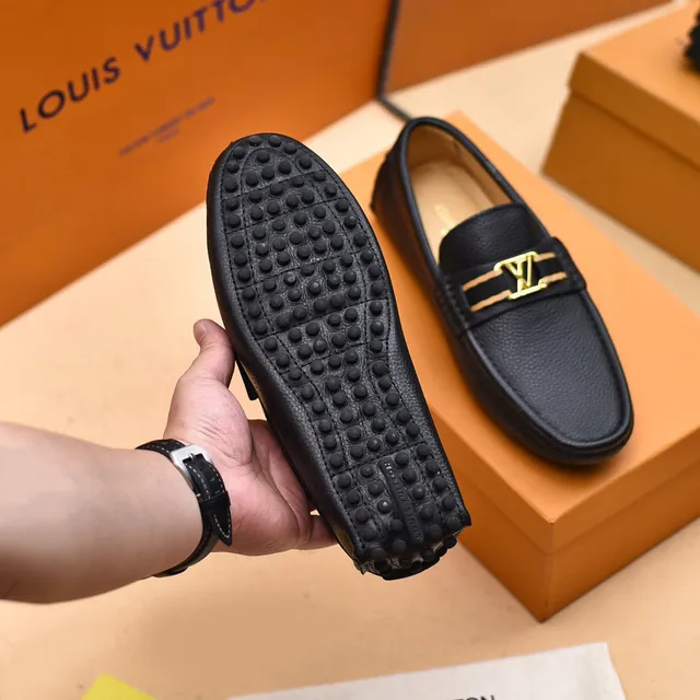 Louis Vuitton Loafer Black Gold Pebbled Leather LV Monogram Buckle Loafer 5