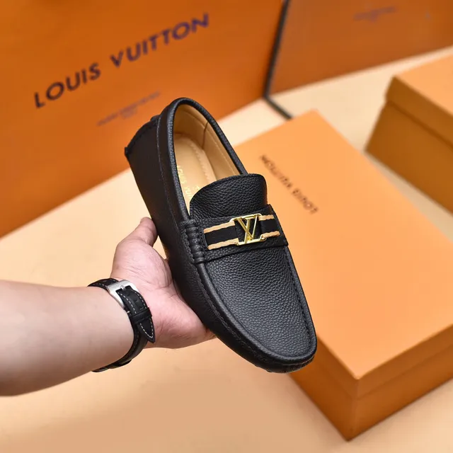 Louis Vuitton Loafer Black Gold Pebbled Leather LV Monogram Buckle Loafer 6