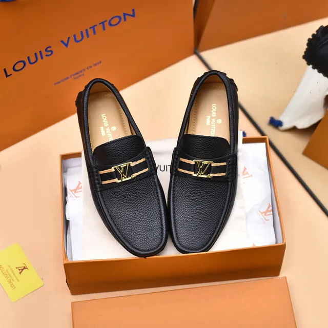 Louis Vuitton Loafer Black Gold Pebbled Leather LV Monogram Buckle Loafer 7