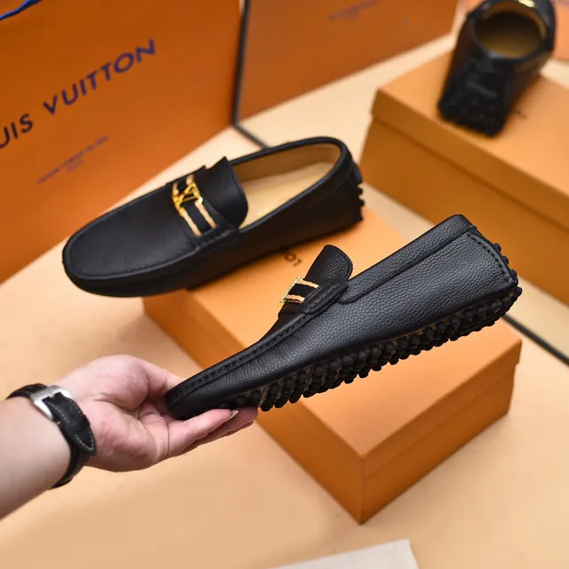 Louis Vuitton Loafer Black Gold Pebbled Leather LV Monogram Buckle Loafer 8