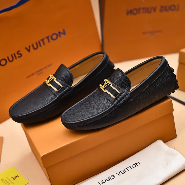 Louis Vuitton Loafer Black Gold Pebbled Leather LV Monogram Buckle Loafer 9