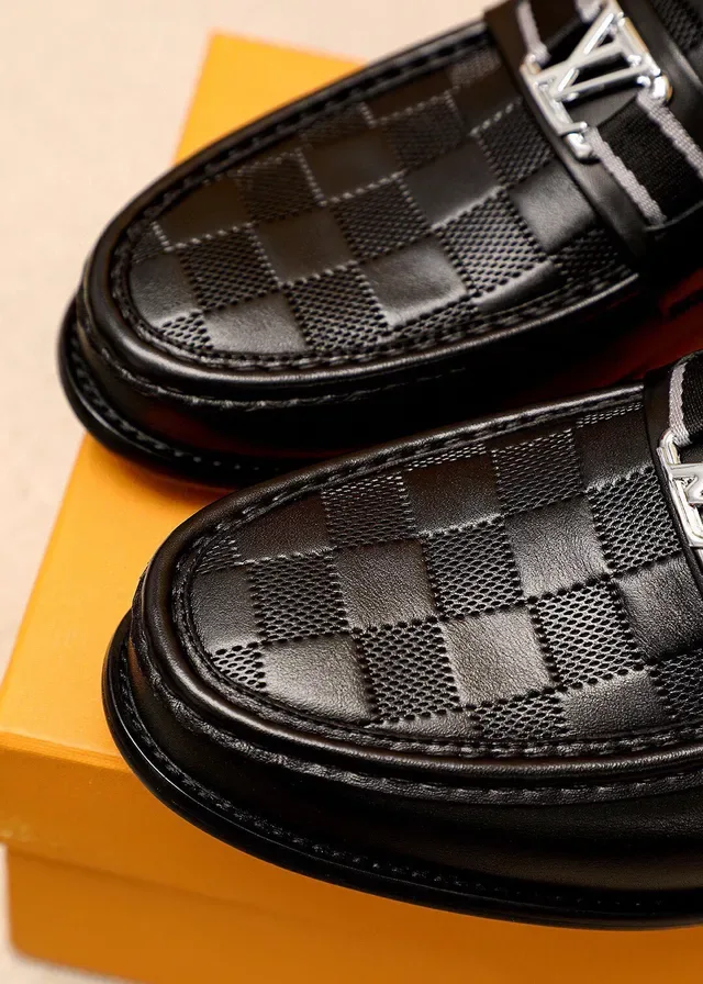 Louis Vuitton Loafer Black Silver Checkered Leather Metal LV Buckle Strap Loafer 7