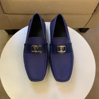Louis Vuitton लोफर नीला काला दानेदार चमड़ा धातु LV बकल पट्टी लोफर