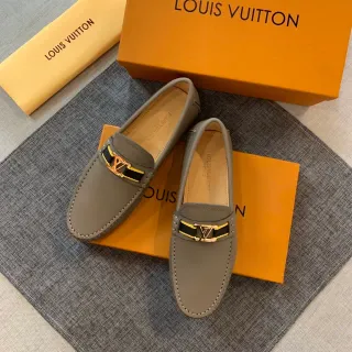 Louis Vuitton लोफर ग्रे ब्लैक चमड़ा धातु LV बकल पट्टी लोफर