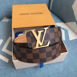 Louis Vuitton LV Damier Check বাদামী সোনালী চামড়ার বেল্ট