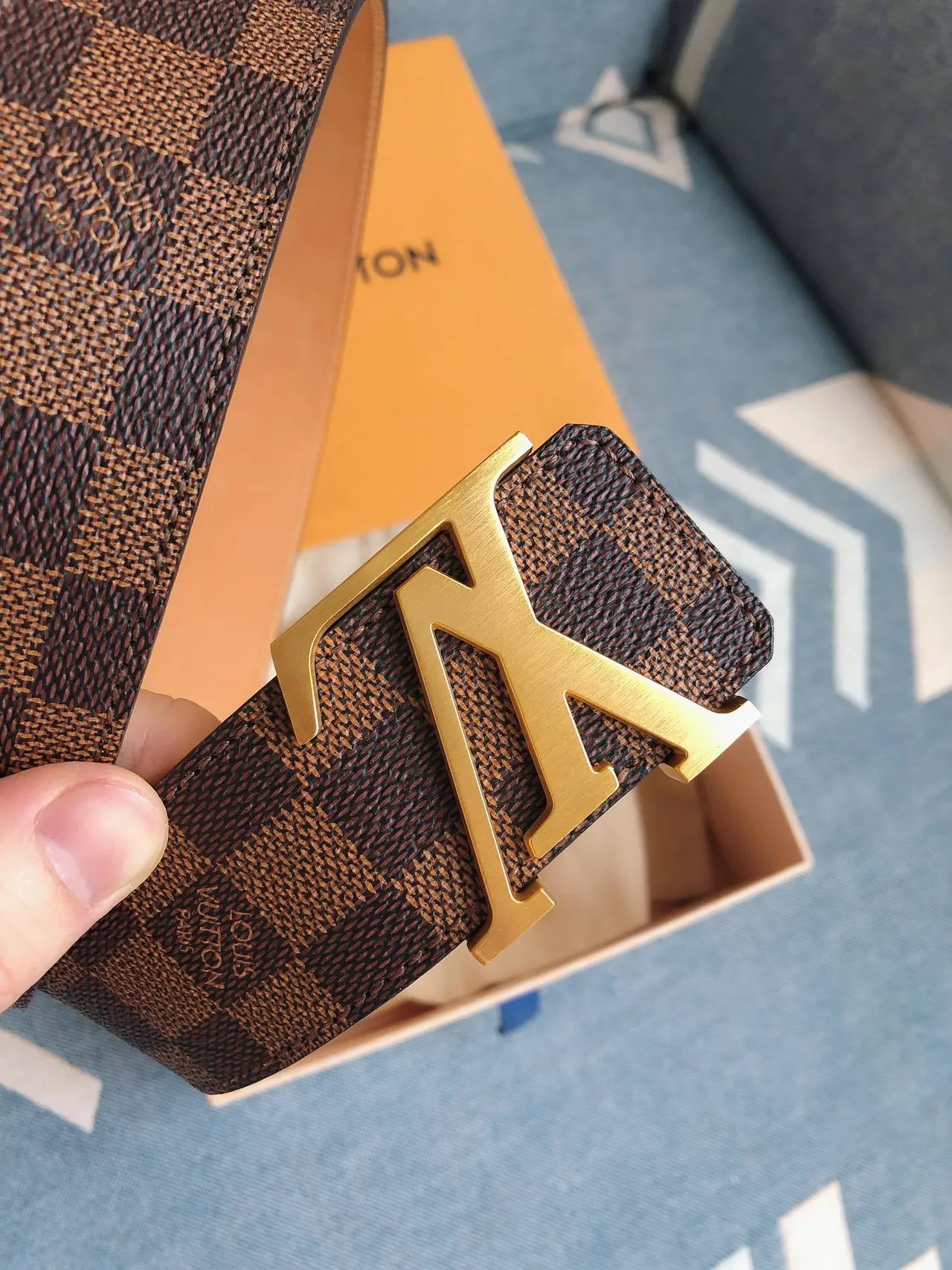 Ceinture Louis Vuitton LV Damier Check Marron Doré Cuir 7