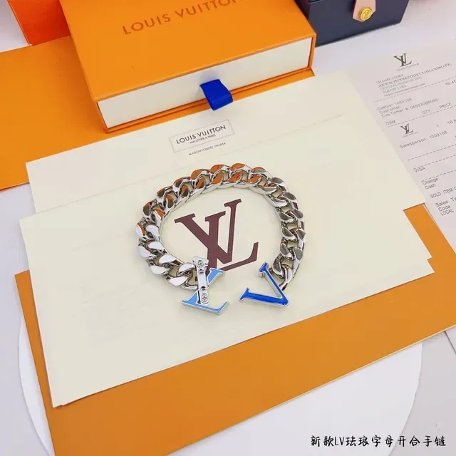 Louis Vuitton LV Chain Bracelet Silver Blue Curb-Link Enamel Logo Bracelet 9