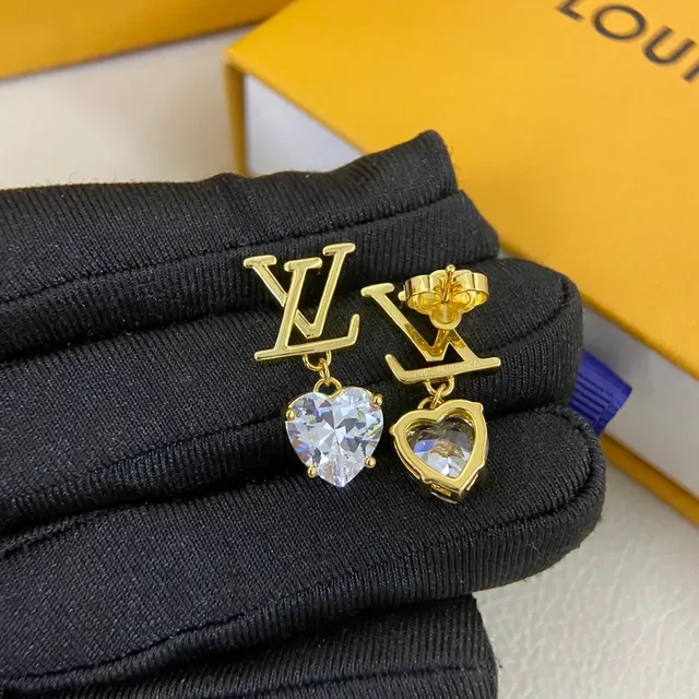Louis Vuitton LV Heart Gold Transparent Monogram Crystal Pendant Earrings 2