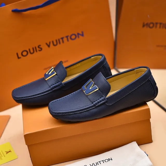 Louis Vuitton LV Loafer Navy Gold Pebbled Leather Metal Logo Strap Loafer 7