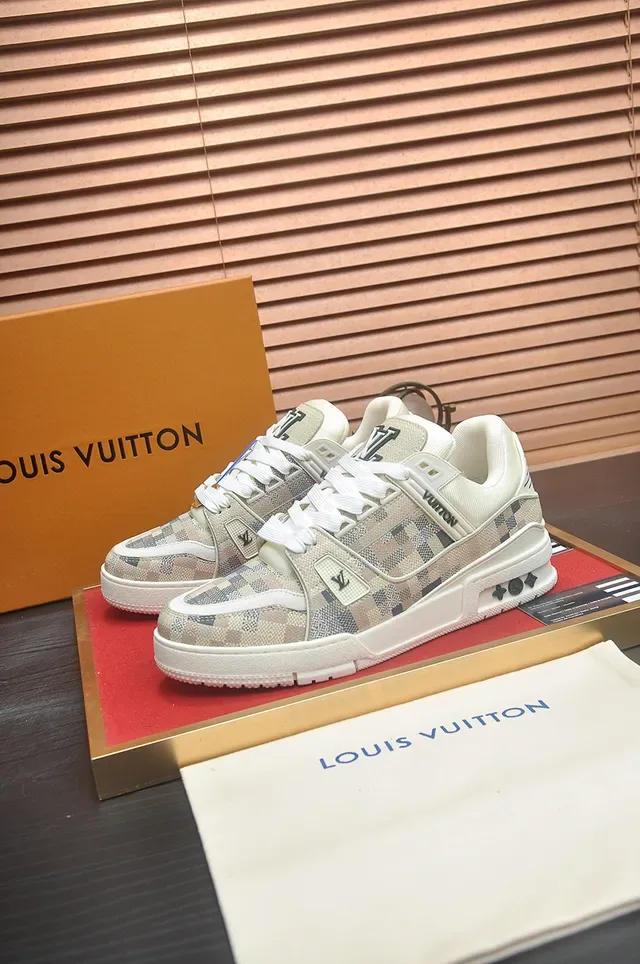 Louis Vuitton LV Trainer Beige Gray Monogram Canvas Upper Chunky Sculpted Sole Lifestyle Sneakers 4