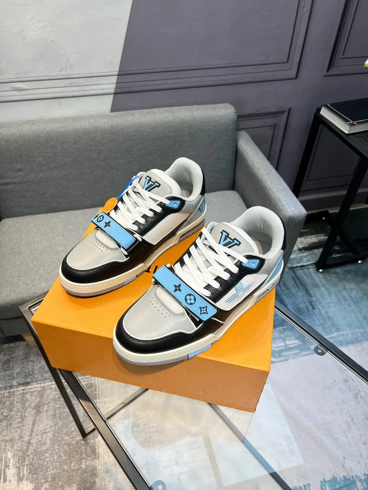 Louis Vuitton LV Trainer Black Blue Mixed-Material Upper Monogrammed Strap Lifestyle Sneakers 3