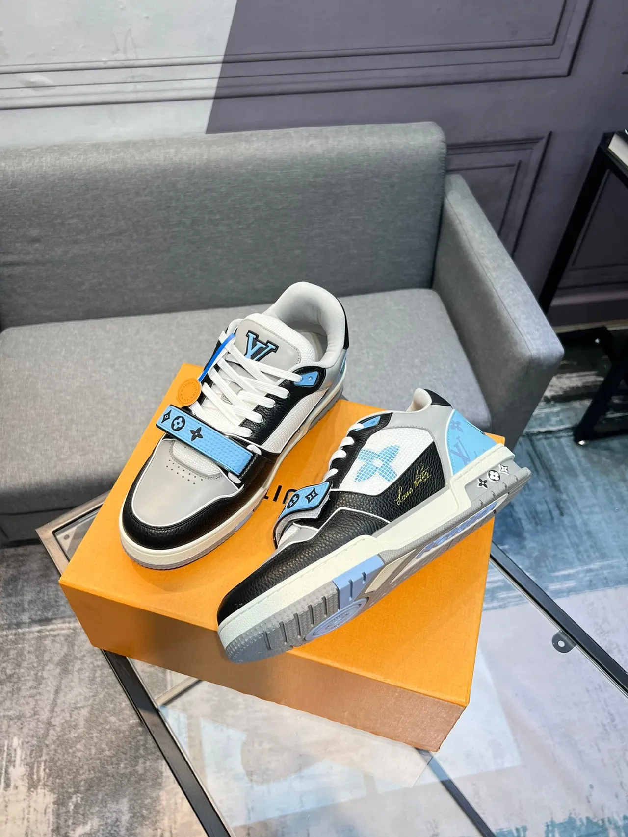 Louis Vuitton LV Trainer Black Blue Mixed-Material Upper Monogrammed Strap Lifestyle Sneakers 4