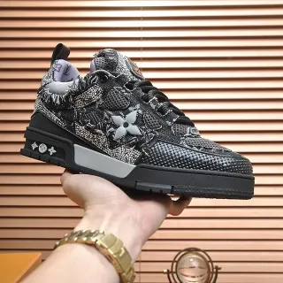 Louis Vuitton LV Trainer Black Silver Textured Monogrammed Upper Embellished Floral Logo Chunky Sneakers