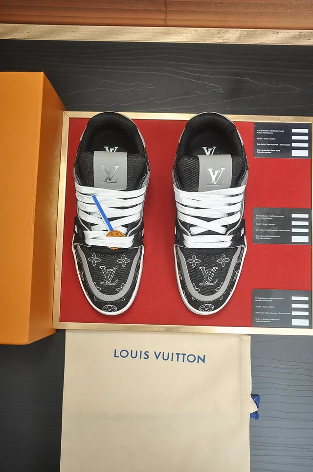 Louis Vuitton LV Trainer Black White Denim-Textured Upper Monogram-Embroidered Lifestyle Sneakers 5
