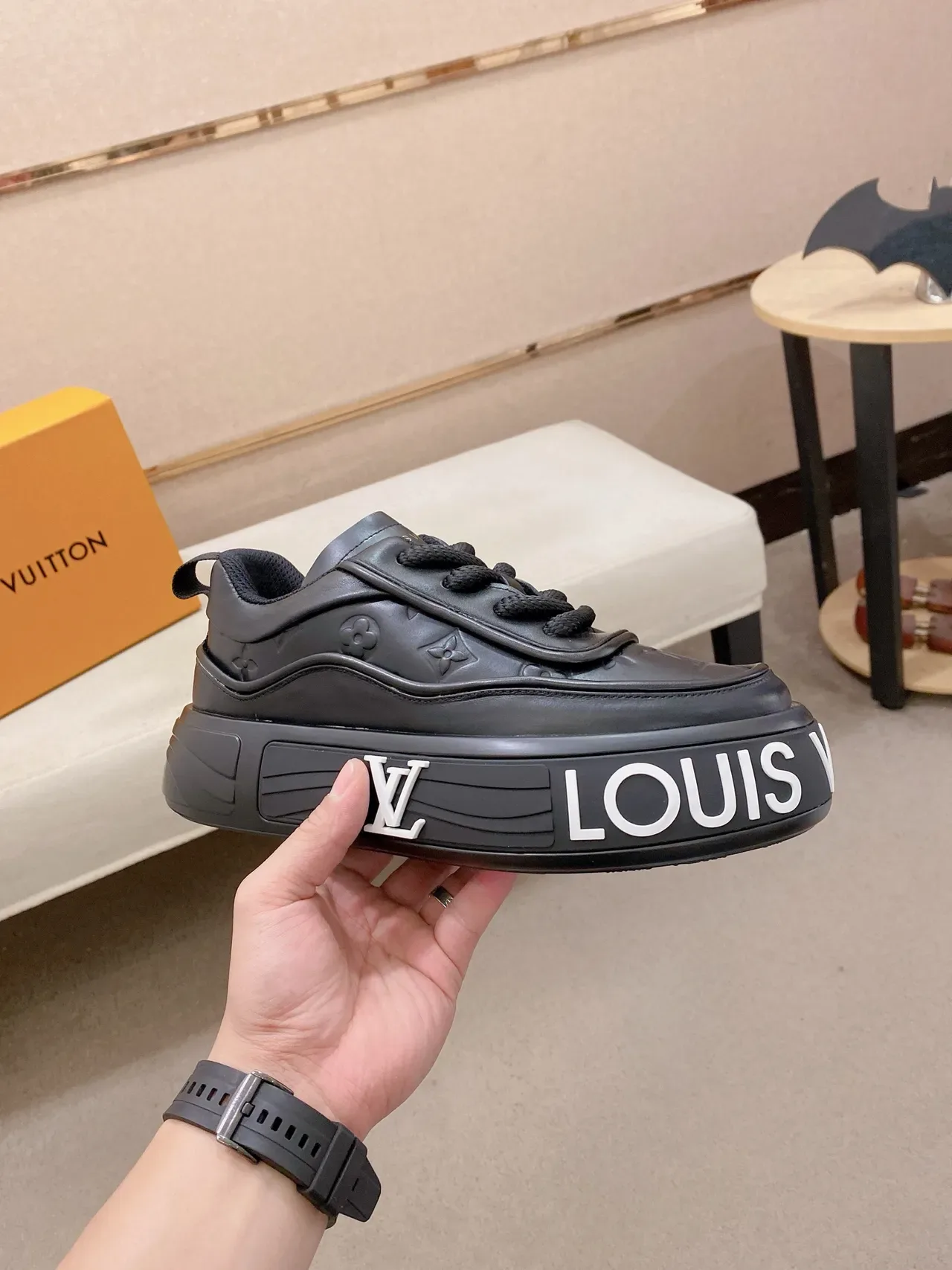 Louis Vuitton LV Trainer Black White Monogram-Embossed Leather Chunky Platform Sole Lifestyle Sneakers 5