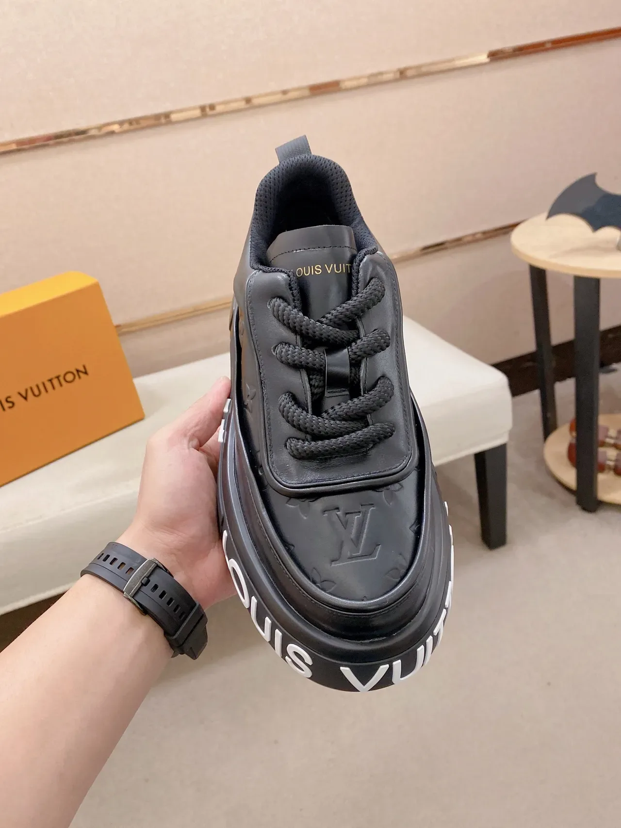 Louis Vuitton LV Trainer Black White Monogram-Embossed Leather Chunky Platform Sole Lifestyle Sneakers 6