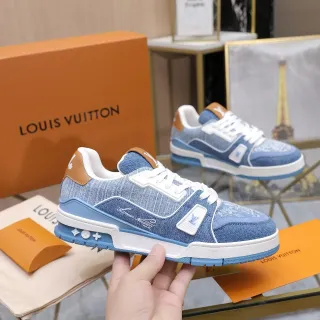 Louis Vuitton LV Trainer Tênis Lifestyle Denim Azul Beige Solado Médio Camadas