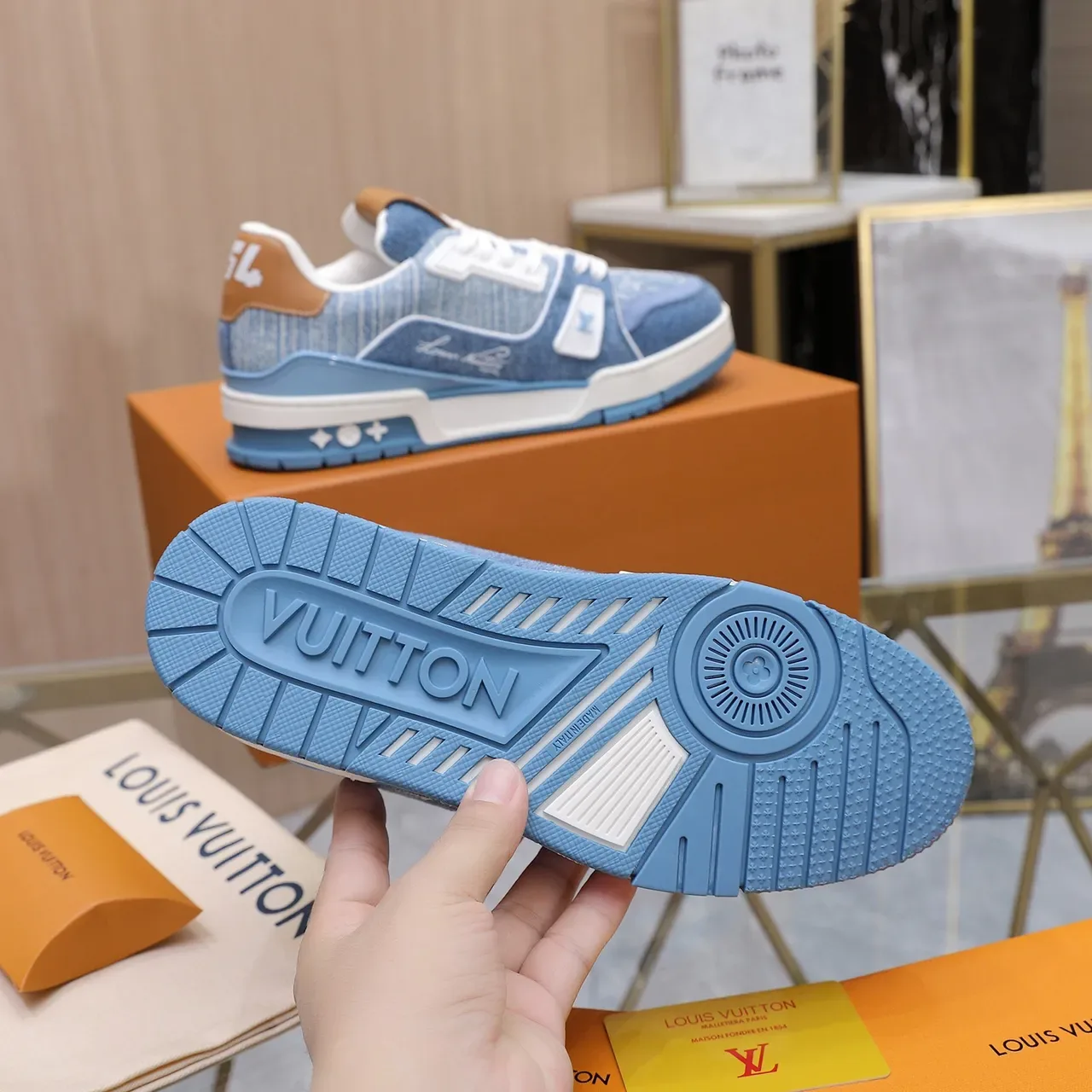 Louis Vuitton LV Trainer Blue Beige Denim Upper Layered Midsole Lifestyle Sneakers 4