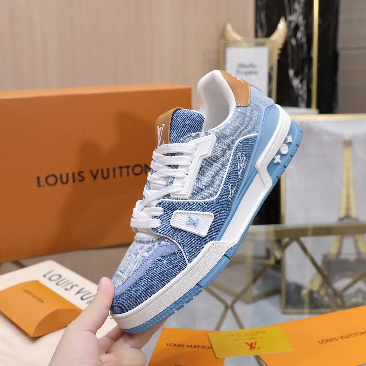 Louis Vuitton LV Trainer Blue Beige Denim Upper Layered Midsole Lifestyle Sneakers 5