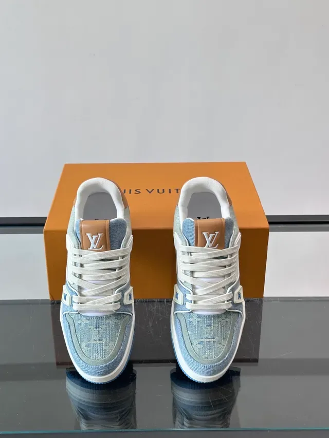 Louis Vuitton LV Trainer Blue Beige Denim Upper Monogram Print Lifestyle Sneakers 4