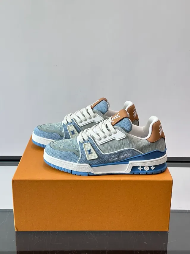 Louis Vuitton LV Trainer Blue Beige Denim Upper Monogram Print Lifestyle Sneakers 5