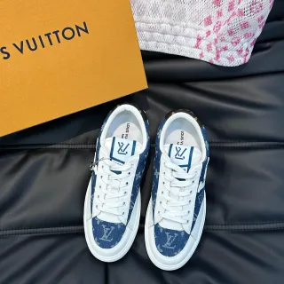 Louis Vuitton LV Trainer Zapatillas Lifestyle Azul Blanco Monogram Denim Superior Cubierta de Cuero