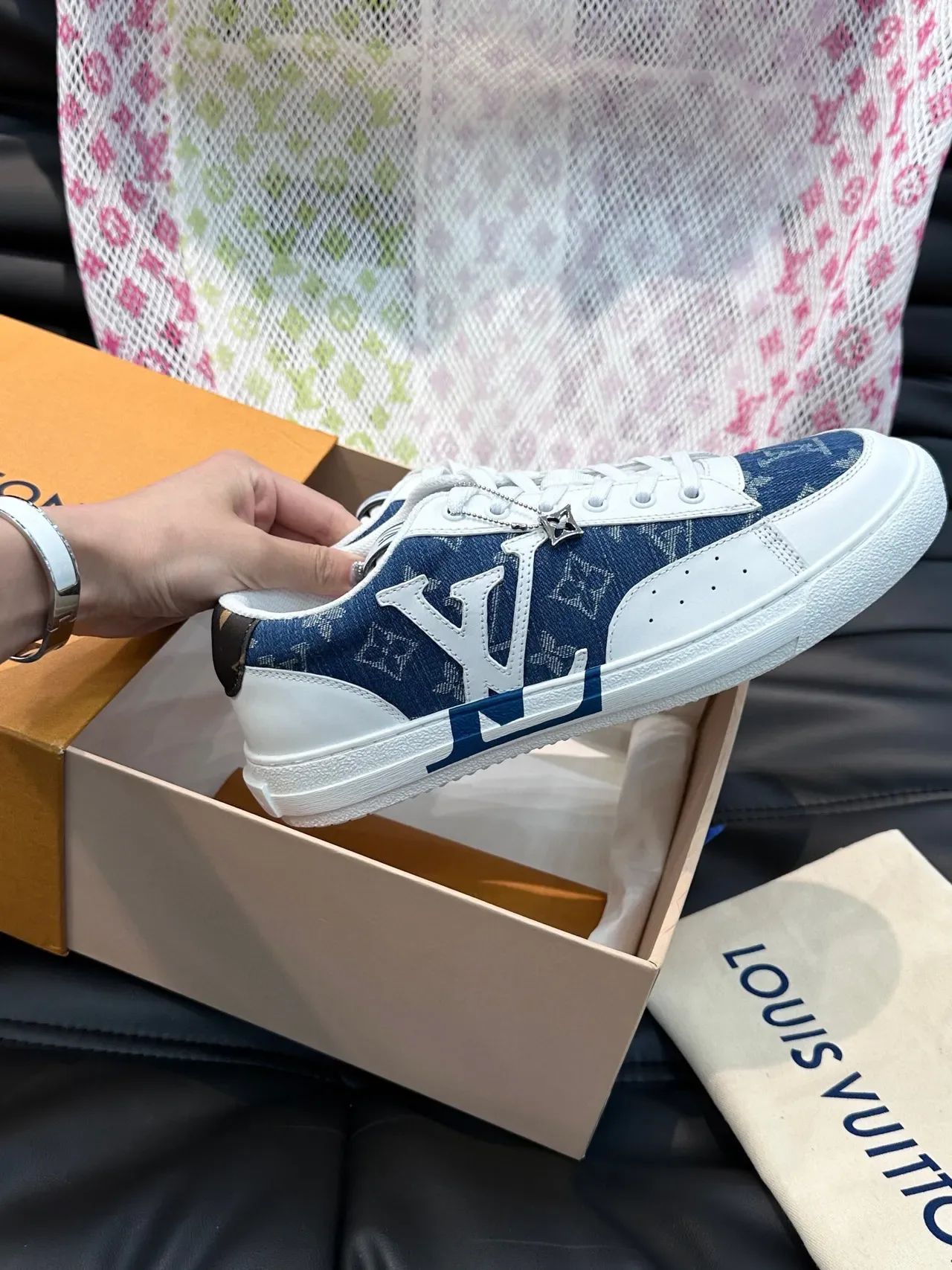 Louis Vuitton LV Trainer Blue White Monogram Denim Upper Leather Overlays Lifestyle Sneakers 6