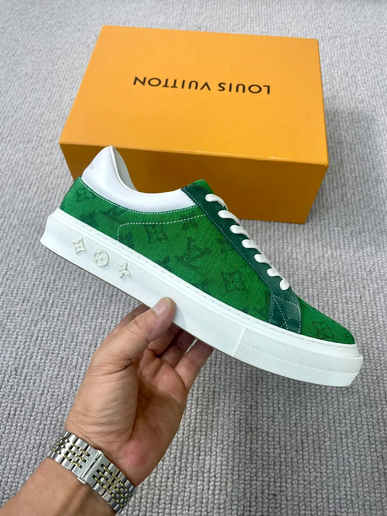 Louis Vuitton LV Trainer Green White Monogram Canvas Cupsole Lifestyle Sneakers 4
