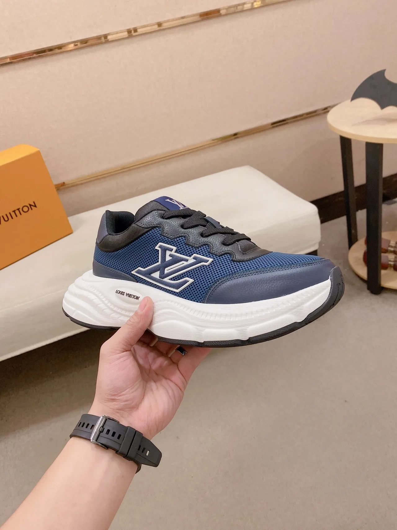 Louis Vuitton LV Trainer Navy White Silhouette Mesh And Leather Upper Chunky Sneakers 4
