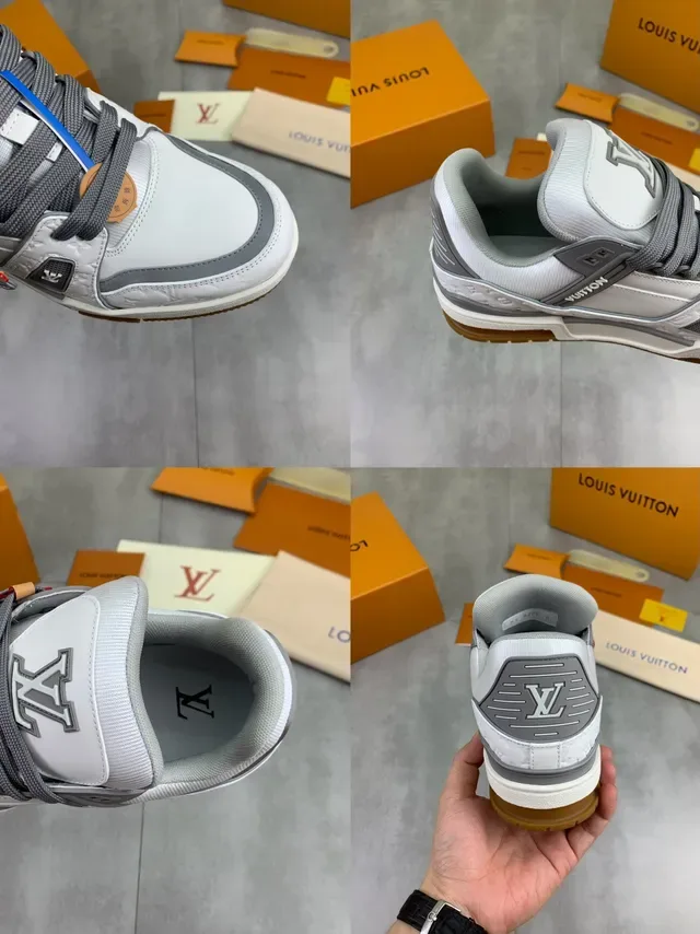 Tênis lifestyle Louis Vuitton LV Trainer branco e cinza Monogram-Embossed couro camadas superpostas estilo de vida 2