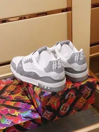 Louis Vuitton LV Trainer White Gray Monogram-Print Overlays Perforated Leather Toe Lifestyle Sneakers 2