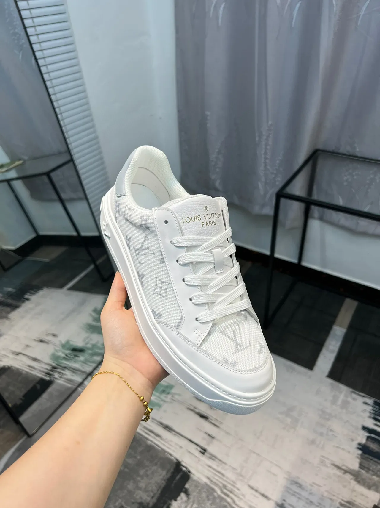 Louis Vuitton LV Trainer White Gray Monogrammed Canvas Upper Platform Sole Lifestyle Sneakers 5