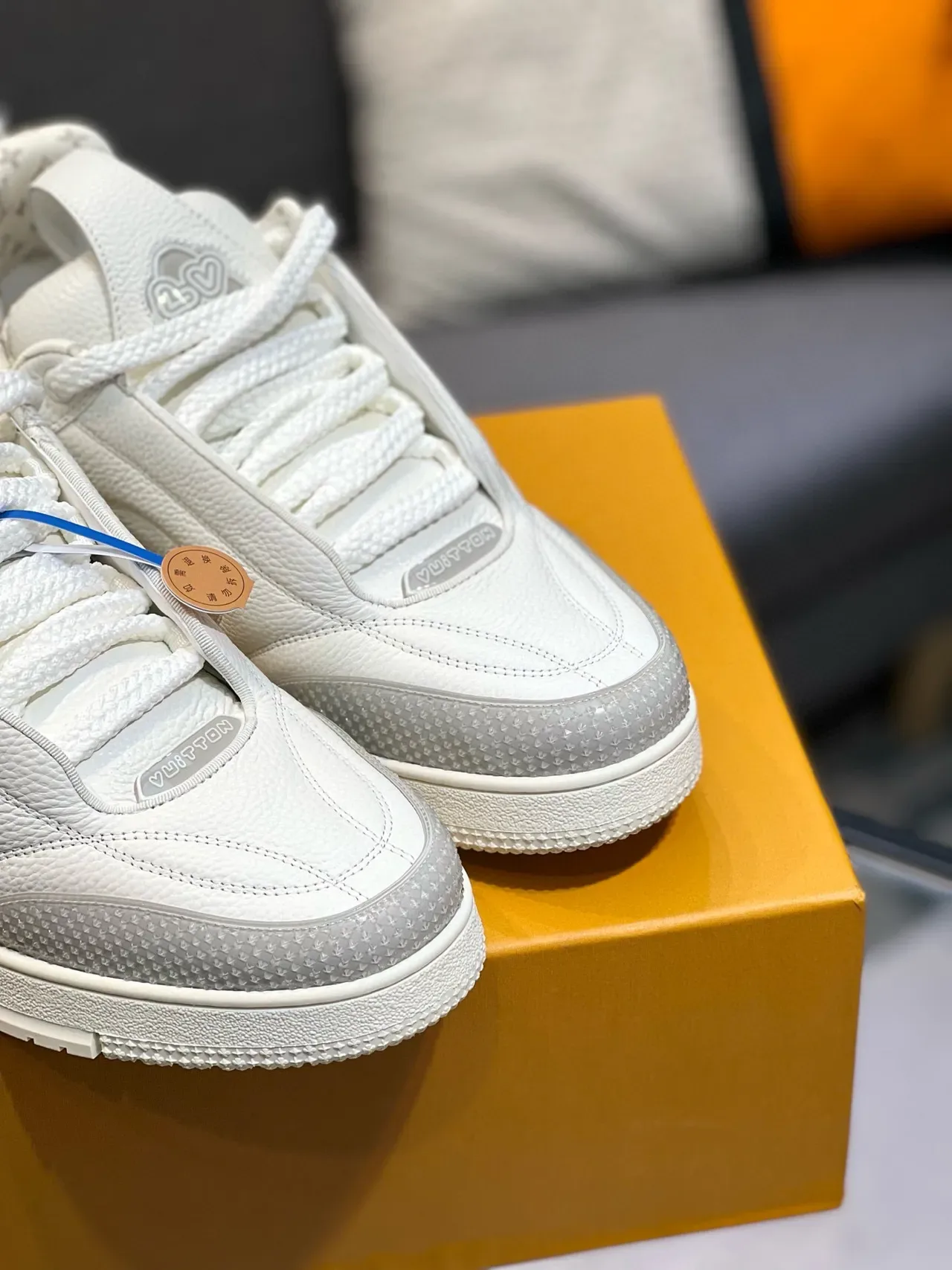 Louis Vuitton LV Trainer सफेद भूरा पेबल्ड लेदर ऊपरी पारदर्शी फूलों का बाजू का निशान लाइफस्टाइल स्नीकर 9