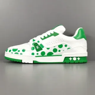 Louis Vuitton LV Trainer Zapatillas Lifestyle blancas verdes de cuero superior con impresión de lunares