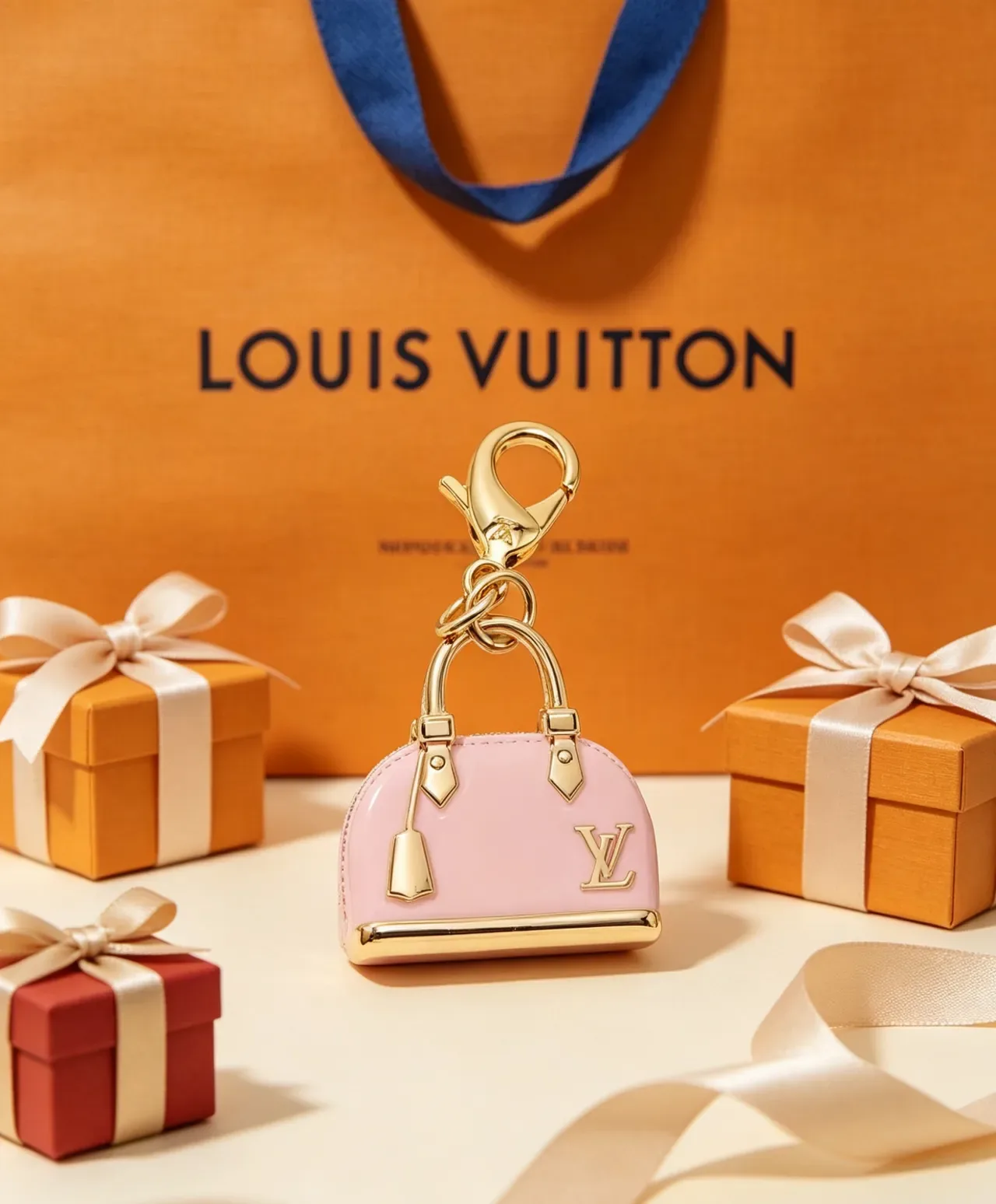 Bracelete Louis Vuitton Mini Alma LV Charm Rosa Dourado Acabamento em Esmalte Silhueta de Bolsa Miniatura 5