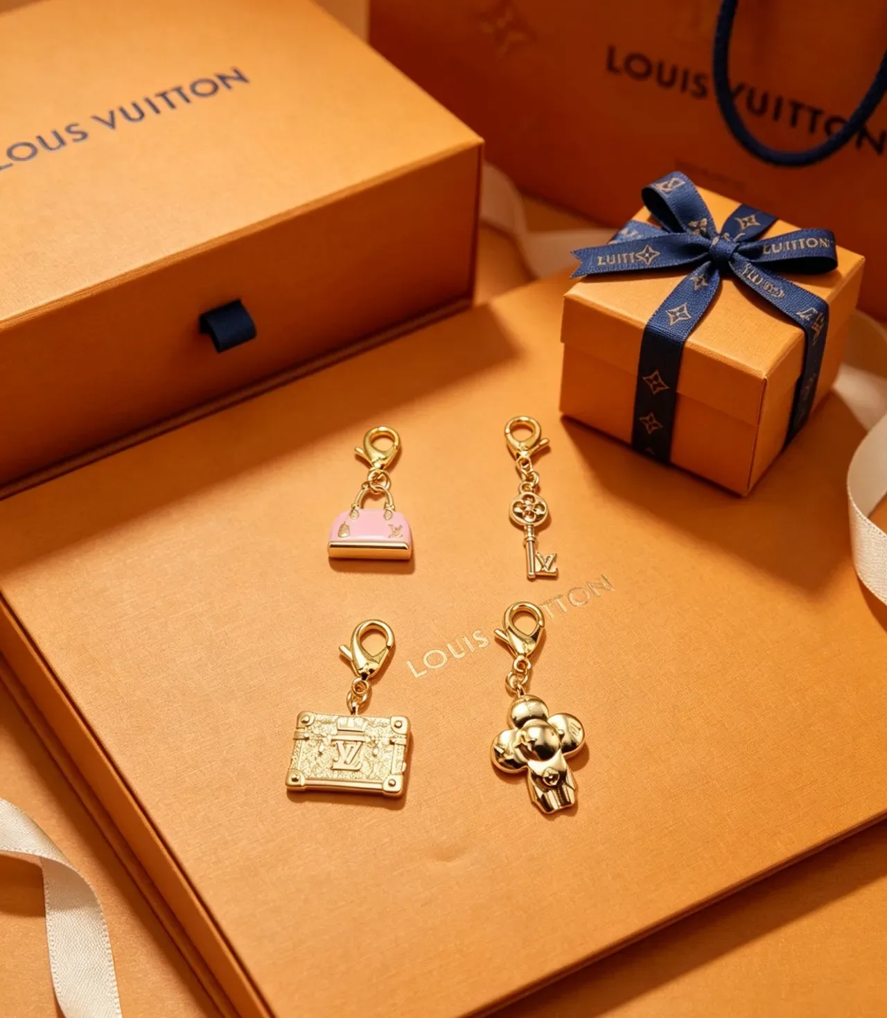 Bracelete Louis Vuitton Mini Alma LV Charm Rosa Dourado Acabamento em Esmalte Silhueta de Bolsa Miniatura 7